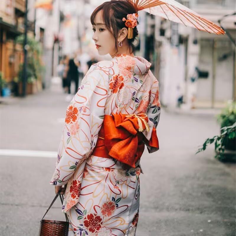 BUITVOZE Kimono Set and Hair for Cherry Blossom Adult and Heko Obi Size Fits One Size Fits Women's 4-Piece (Yukata, Obi, Fan, Accessory) Viewing,