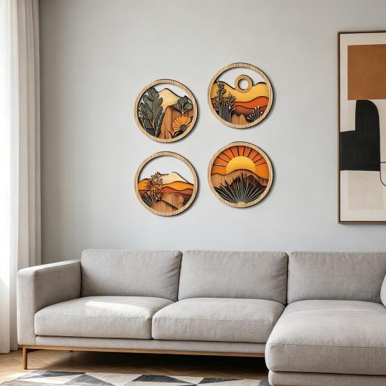 4 Pcs Boho Wall Art, Bohemian Sunset Mountain Plant Wall Decor, Wooden Round Circle Hollow Out Farmhouse Hanging Ornament for Bedroom, Living Room