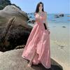 . New pink floral trailing dress long dress holiday style backless suspender seaside swing skirt
