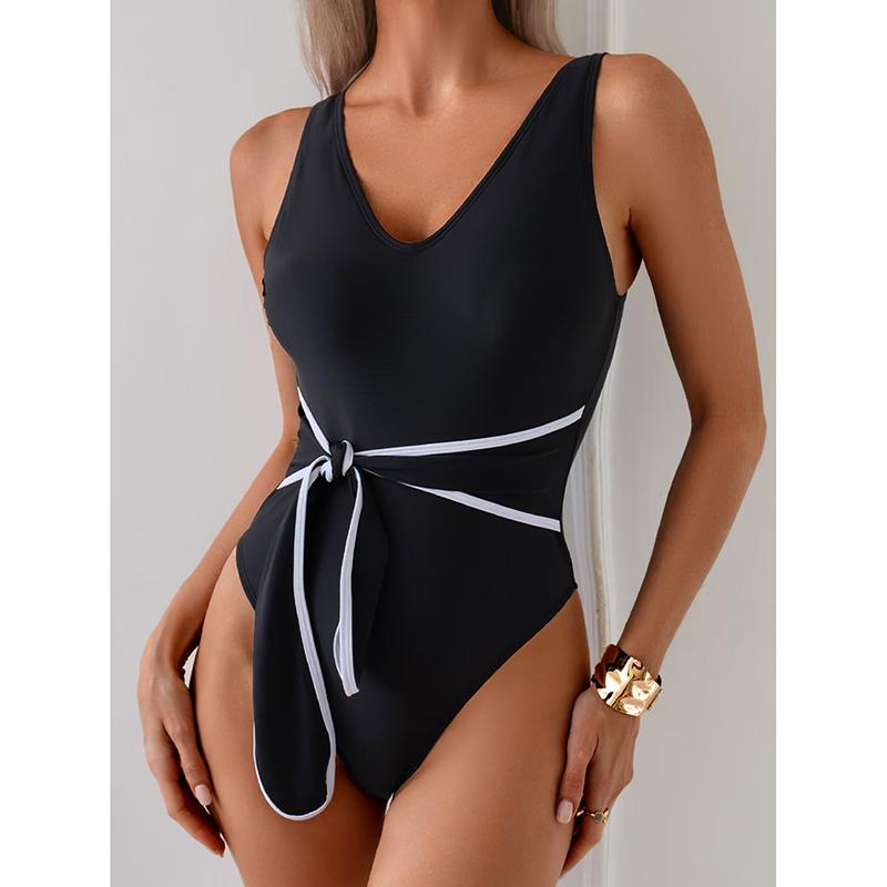 Bow Color Block Sports One Piece Swimwear V Neck Female Bathing Suits Women'S Triangle Bikini Monokini Swimsuit Beachwear