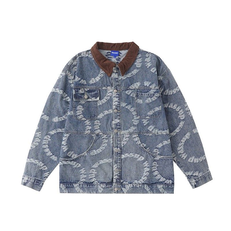 

Wassup Trendy Jacquard Letter Vintage Denim Jacket Men s Spring and Autumn Thin Casual Cool Couple Jacket Blue 2XL