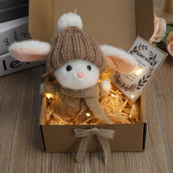 Mini-Häschen-Umarmung, Ostergeschenk, Plüsch-Kaninchenpuppe mit Strickmütze und Bommeltasche, emotionales Unterstützungstier mit Geschenkbox, inspirierende Karte