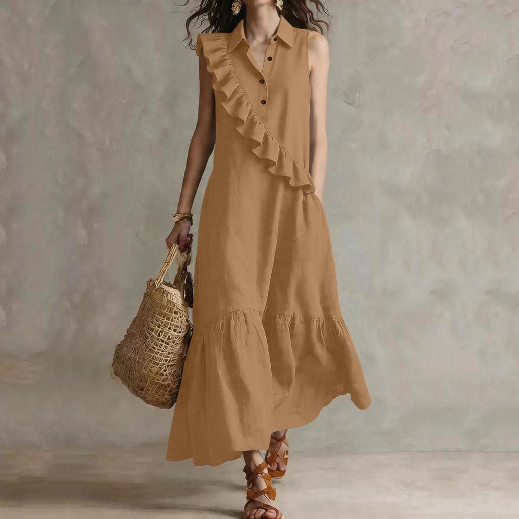 Women's Sleeveless V Neck Vintage Ruffle Midi Dress Casual Solid Relaxed Fit Summer Sundress for Daily Wear Vacation