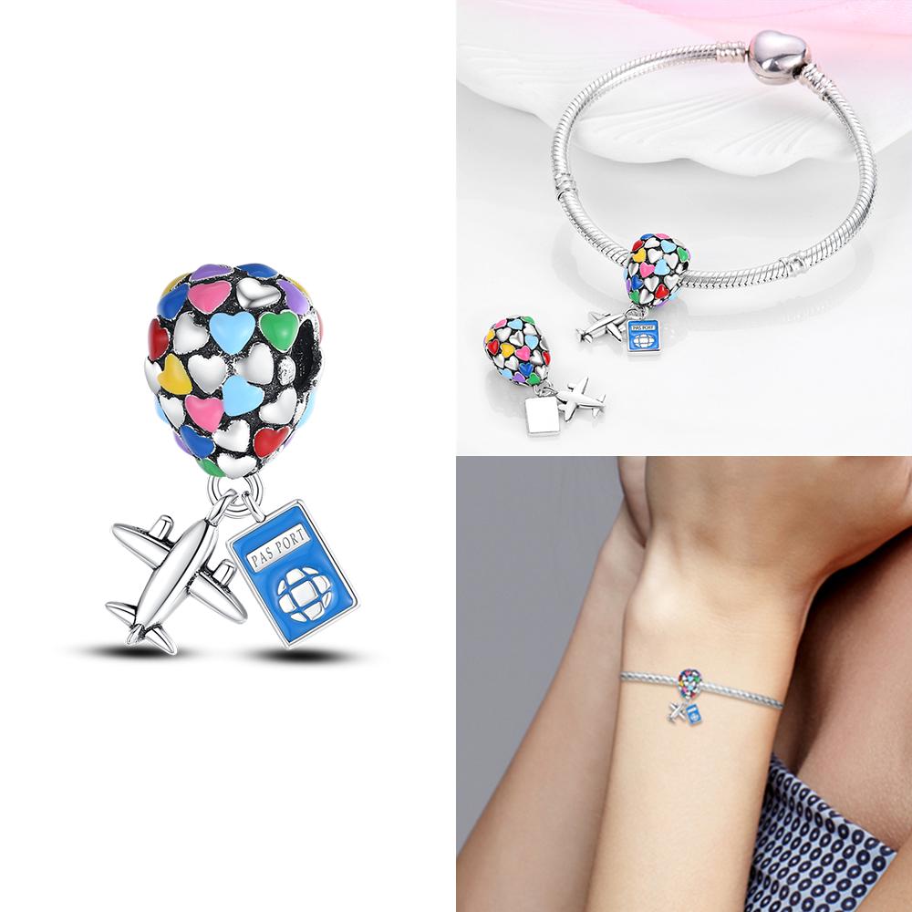Charms 925 Silver Blue Suitcase Airplane Earth Beads Fit Bracelet Women Necklace Jewelry Diy Phone Charms