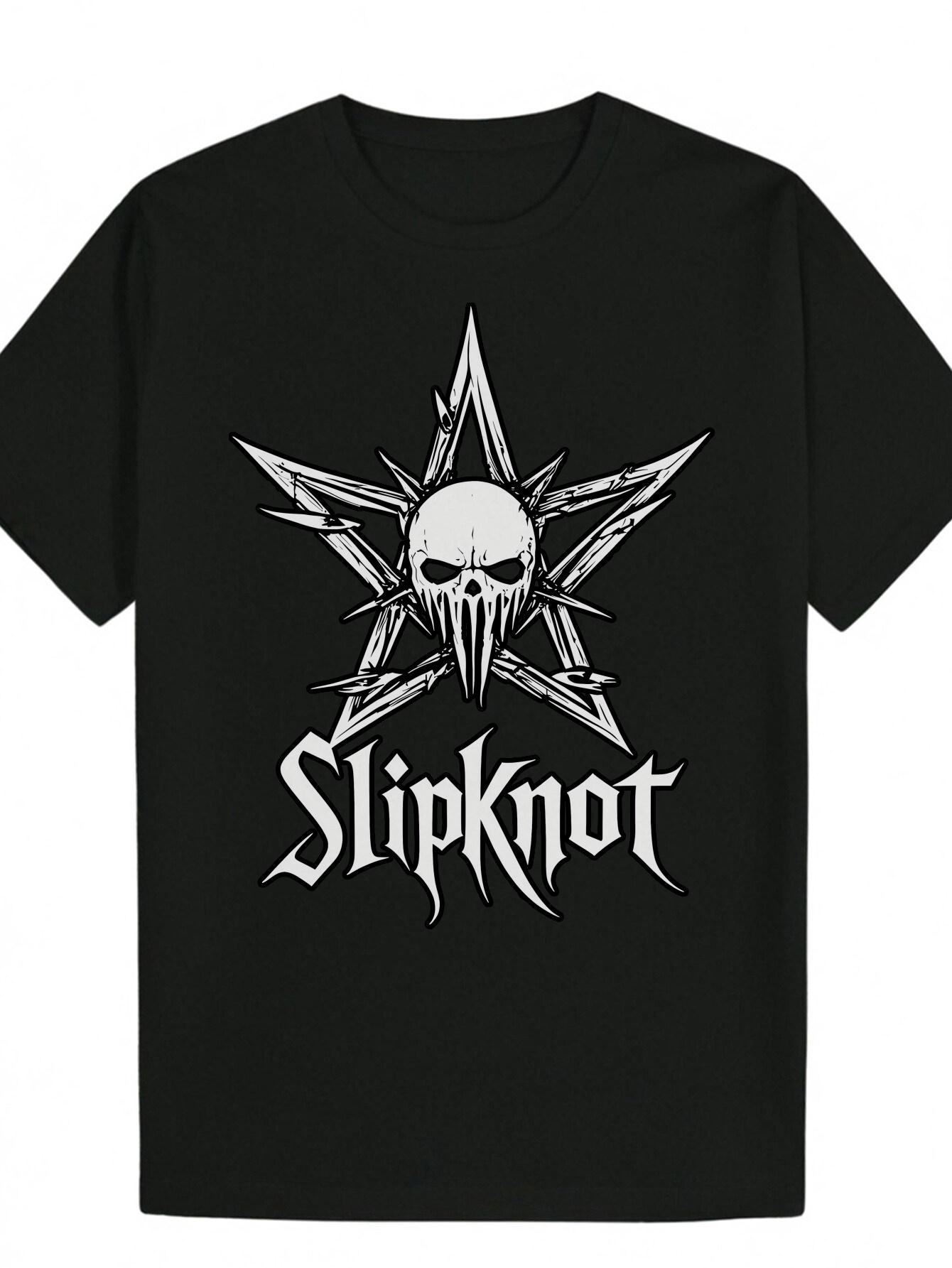 Slipknot Graphic T-shirt - Black Polyester Crew Neck Tee with Skull & Stars Design S