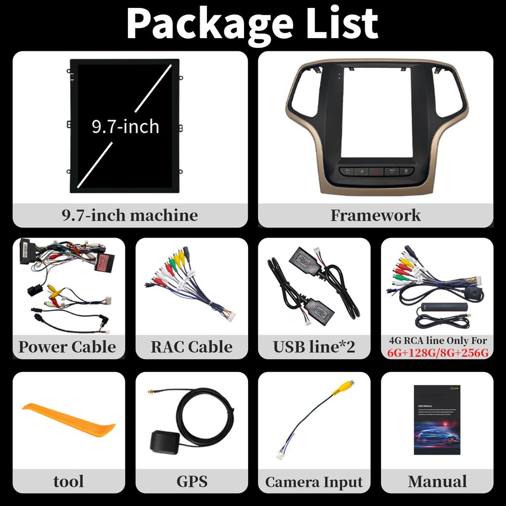 9,7-calowe radio samochodowe z Androidem 14 dla Jeep Grand Cherokee 2014-2017 Stereo Multimedia 4G GPS Bezprzewodowe BT Carplay Ekran dotykowy Stereo