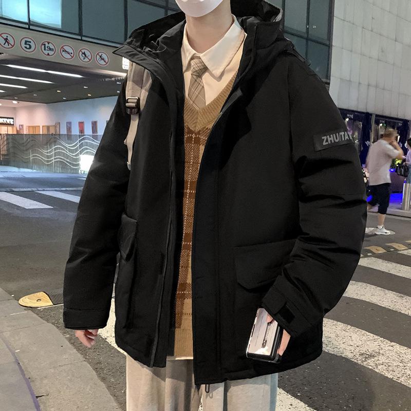 Men's hooded down jacket thickened in winter warmth windproof and coldproof Hong Kong style jacket men's winter overalls