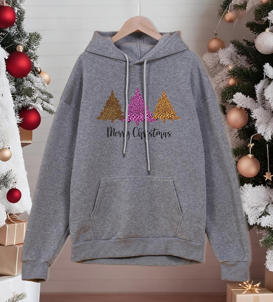 Merry Christmas Leopard Tree Printing Men Hoodie Fleece Soft Hoody Casual Multicolor Pullover Male Comfortable Loose Streetwear