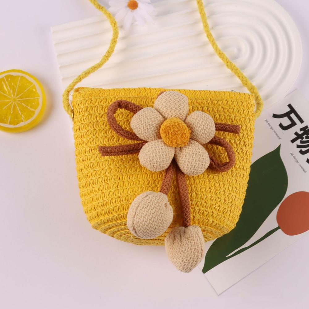 Cute Flower Straw Bag Mini Colorful Summer Beach Shoulder Bag Handmade Zipper Coin Purse