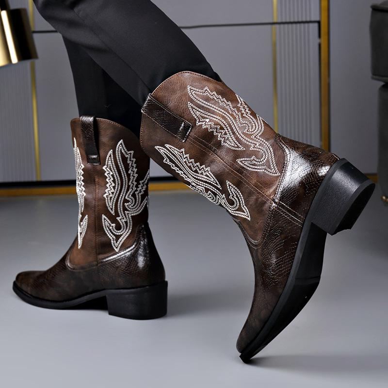 Trendy Men's High-Heeled Embroidered Chelsea Boots - Versatile Western Cowboy & Motorcycle Style