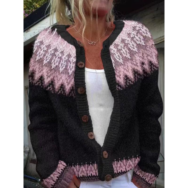 Womens Color Block Knit Cardigan Loose Fit Long Sleeve Geometric Casual Commute Style