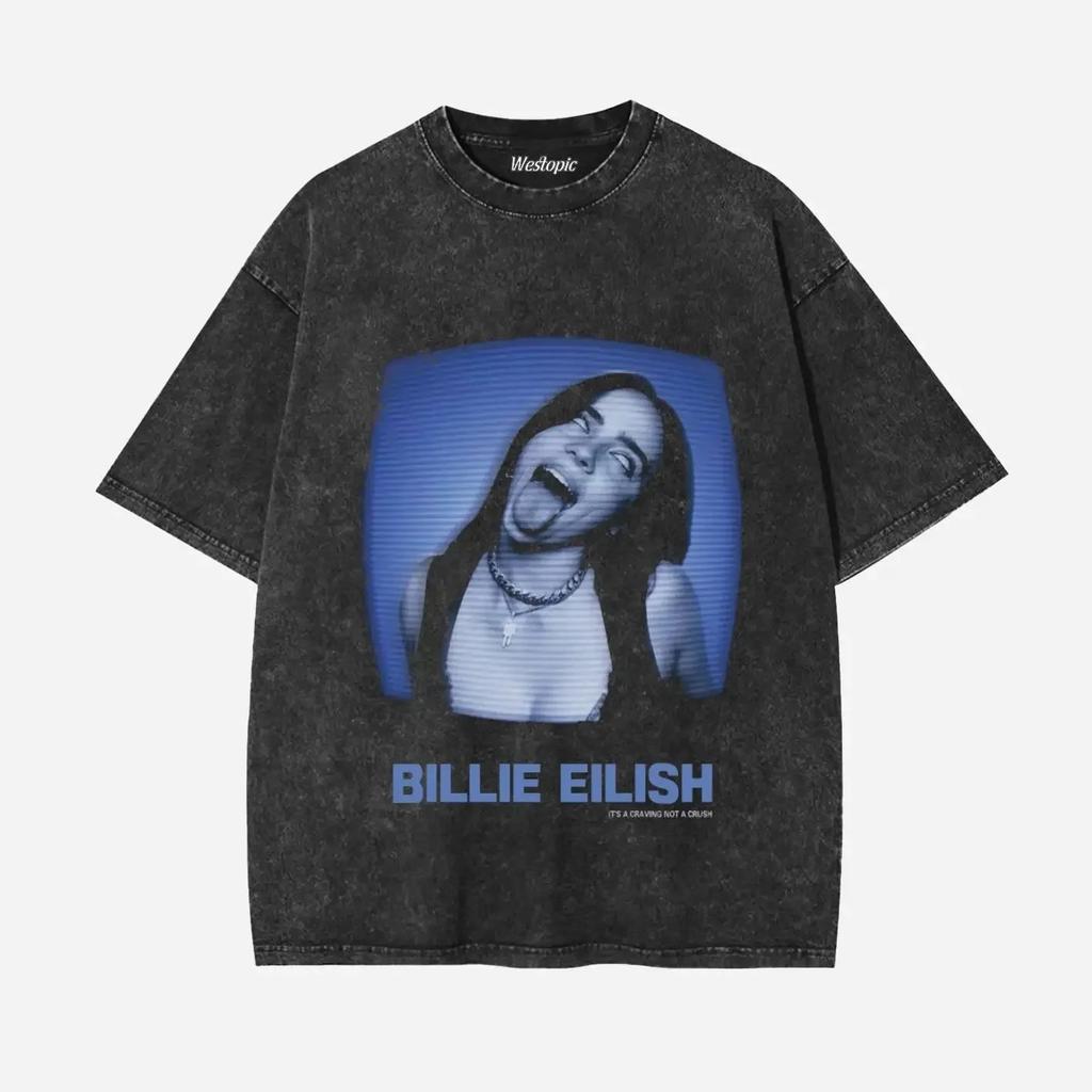 BILLIE EILISH Americké Trendy Vintage Prané Grafický Potisk Trička Pánské Dámské Vrcholy Oversized Bavlna Krátký Rukáv Oversized Trička