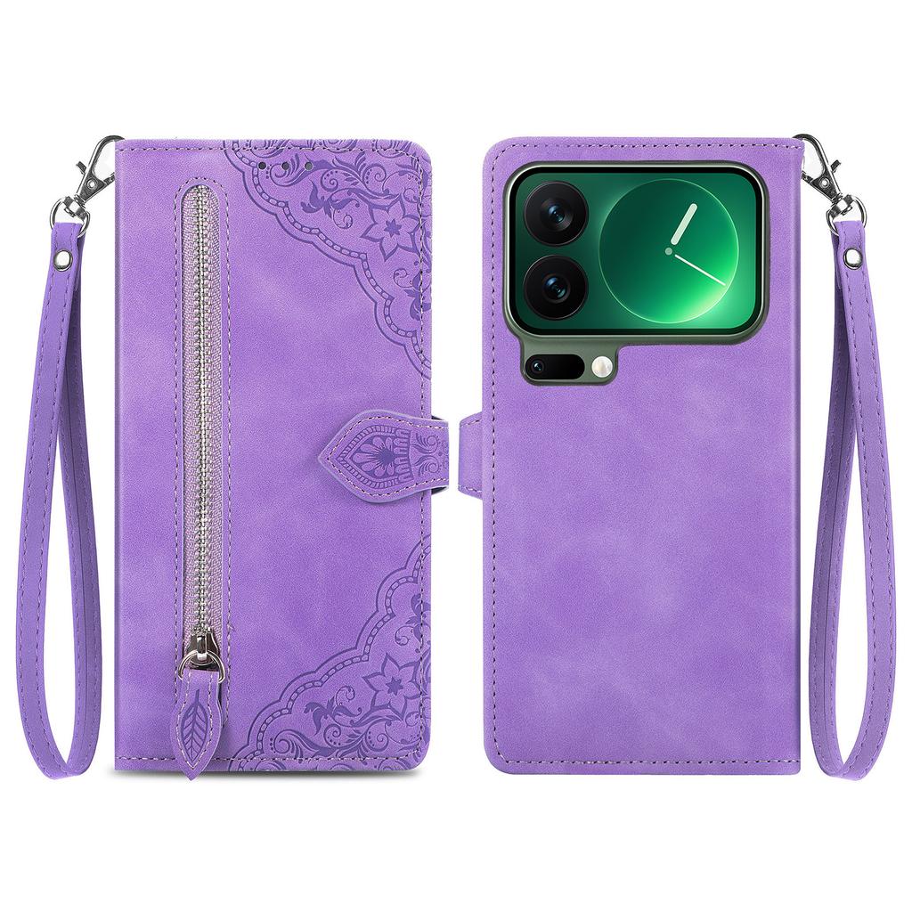 For Xiaomi 17 Pro Max Zipper Wallet Case with Strap Flower Imprint PU Leather Phone Cover