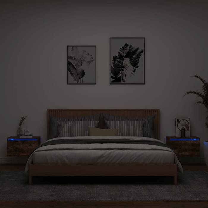 VidaXL Tables de Chevet Murales avec Lumières LED 2 pcs, Armoires de Nuit, Tables de Nuit Chambre, Moderne, Chêne Fumé Bois 836835