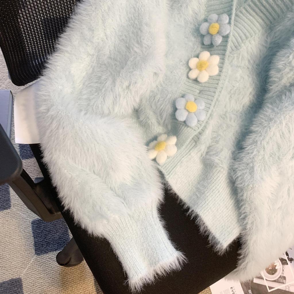 Jarní a podzimní pletený kardigan Imitace norkové fleecové mikiny Sladká barva bonbónu Květinový design Módní Malý invazivní temperament Dámský kabát