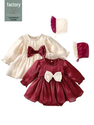 Wine Red Long Sleeve Formal Dress for Toddlers - Elegant Princess Style for Spring/Autumn