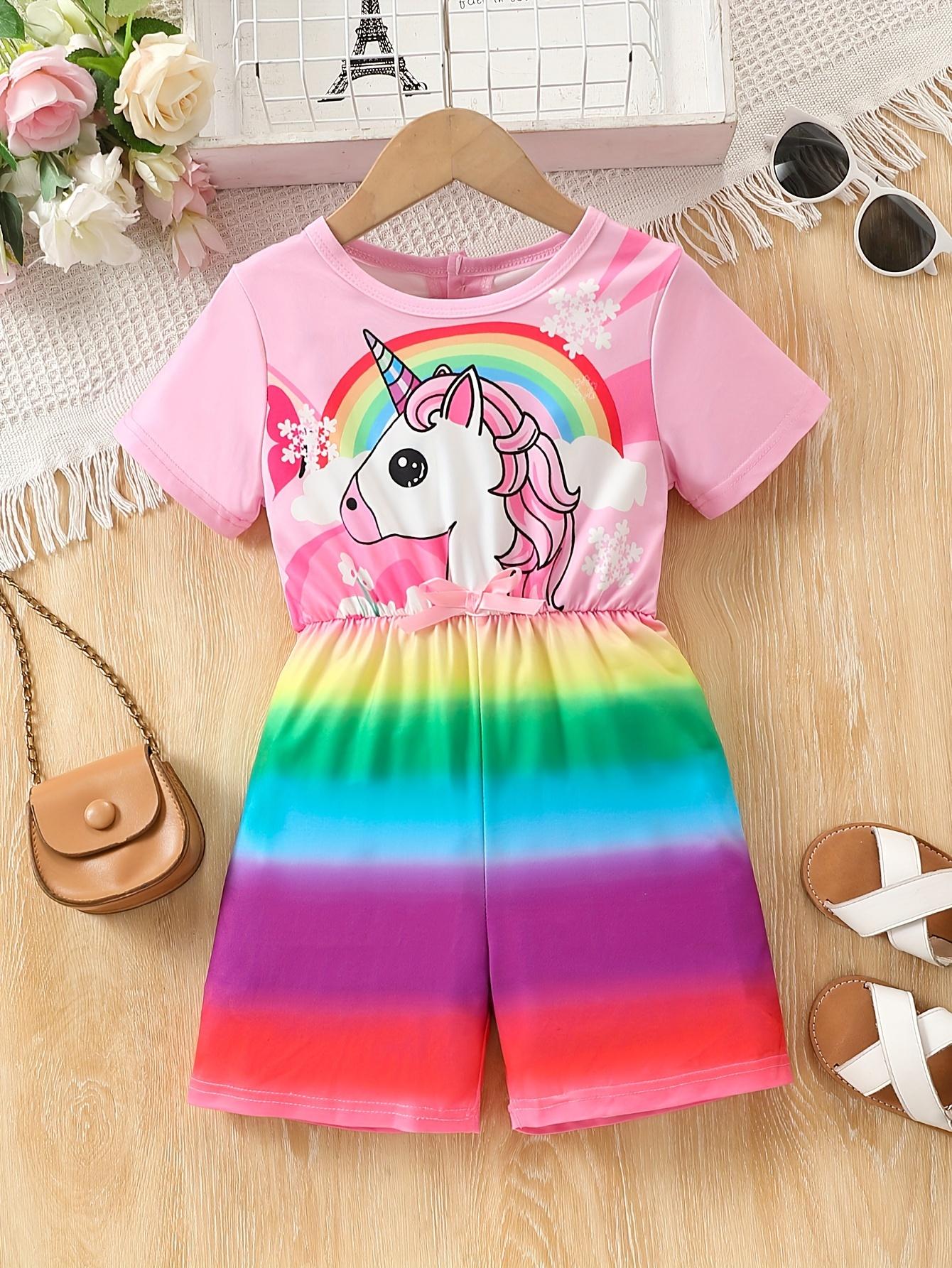 Summer girls  cartoon unicorn one-piece dress with rainbow short printed stripes pants - cute all-in-one short skirt for girls 2-3Y розовый