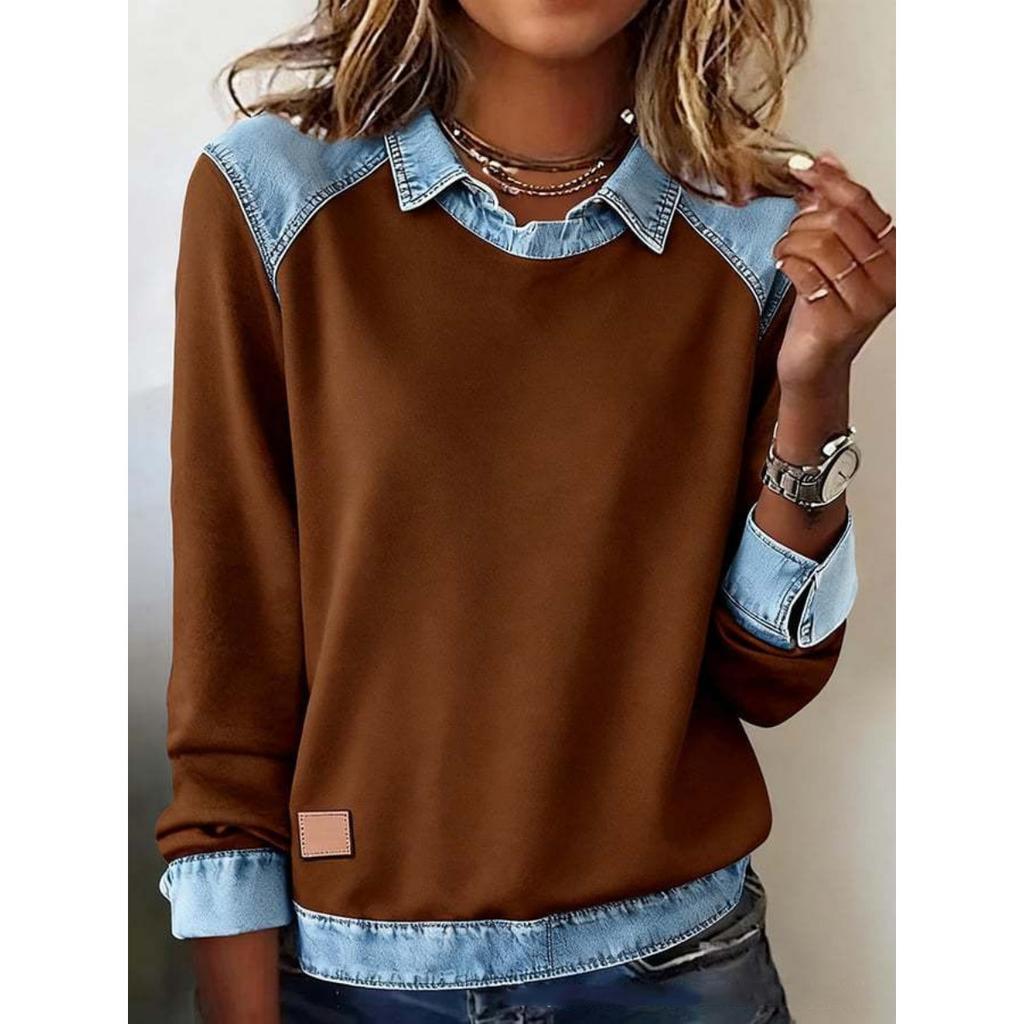 European American Women's Denim Collar Long Sleeve Pullover Spliced Knit Top, Fashion Casual Knitwear for Women