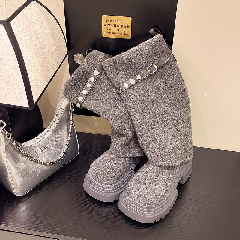 Long boots but knee knight tall round head flat bottom matte 2025 new autumn super fire pile boots