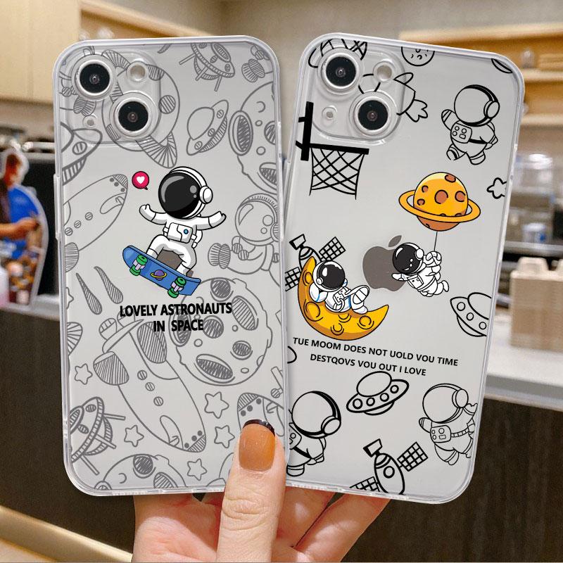 Urocze etui z kreskówkowym astronautą na iPhone 14 11 12 Pro 13 Pro Max XR XS X 6s 7 8 Plus SE 2020 13 Mini Luksusowe Przezroczyste Etui Odporne na Wstrząsy