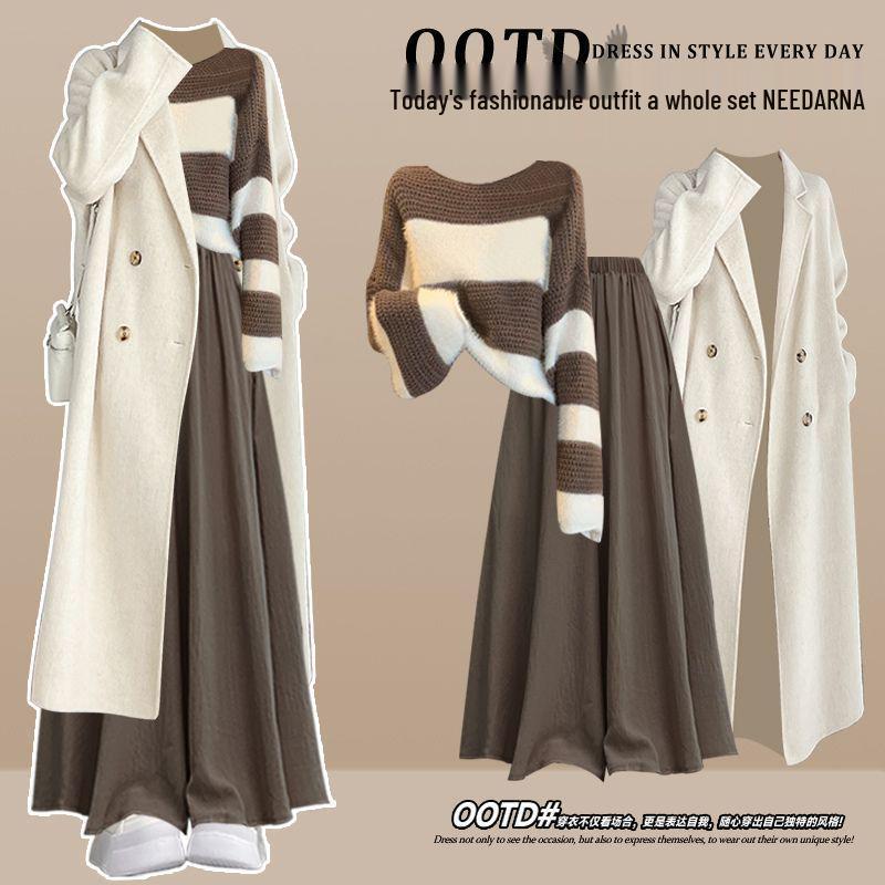 Women's Plus Size Fashion Trench Coat & Knit Sweater with Skirt and Pants Set - Autumn/Winter 2025