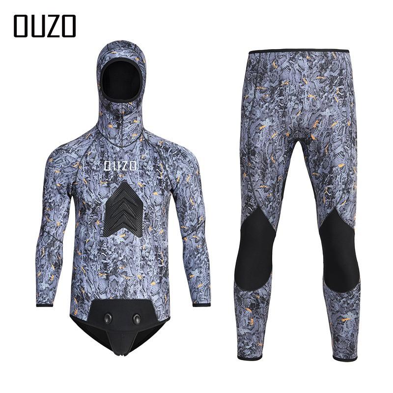 5mm Mens Camo Wetsuit Set Hooded Separable CR Neoprene Diving Suit Snorkeling Swimming Cold Water