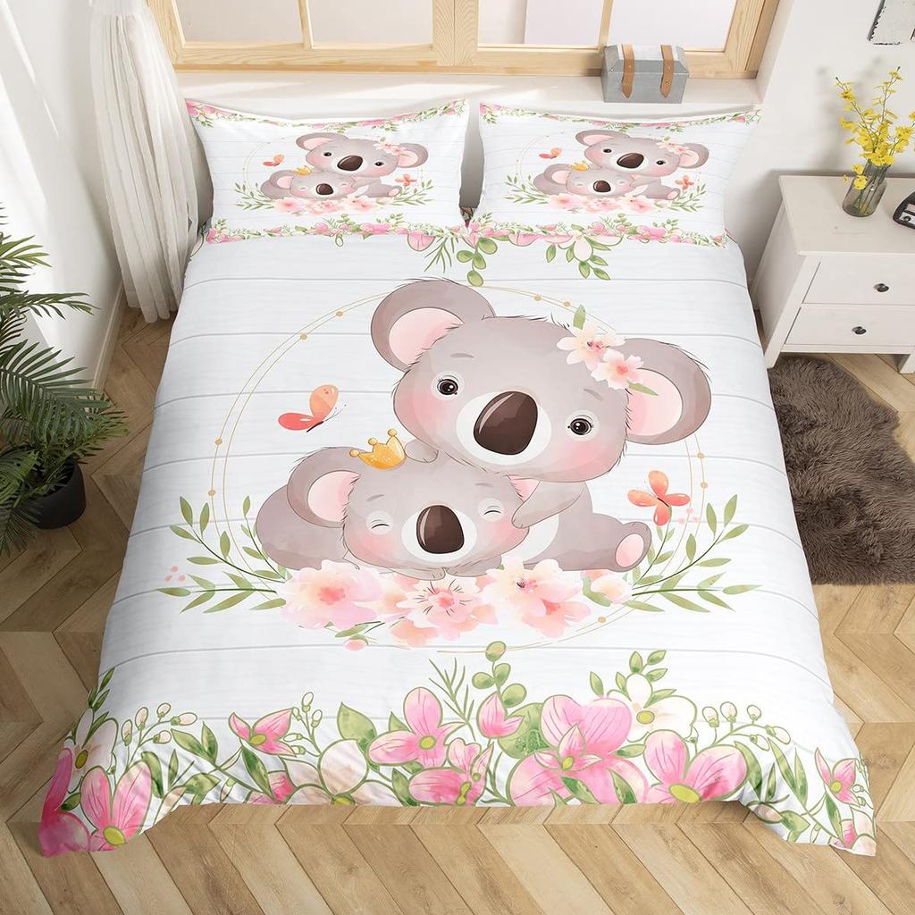Kids Pink Rose Rabbit King Queen Duvet Cover Cartoon Animal Comforter Cover Rose Moon Floral Bedding Set Polyester Quilt Cover