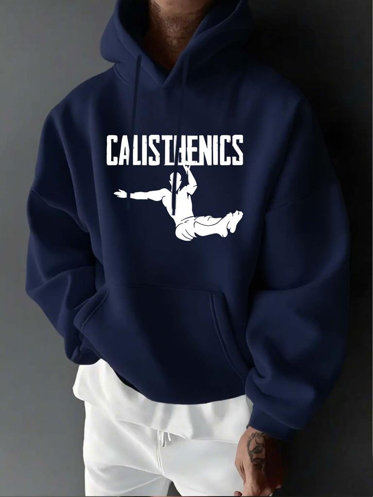 Bodyweight Training Silhouette Outline, Street Workout Enthusiast Trendy Print Casual Sport Outdoor Men's Long Sleeve Hoodie Sweat