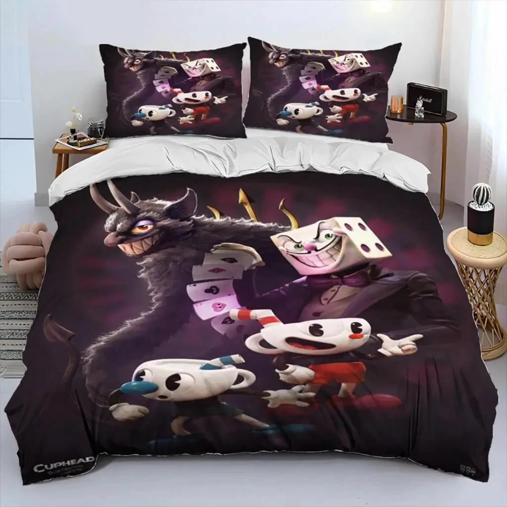 Parure de lit dessin animé Cuphead et Mugman pour garçons et filles, housse de couette double, queen size, taie d'oreiller, lit pour enfants et adultes, textile de maison