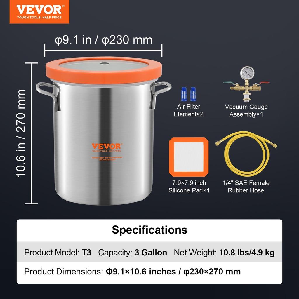 Vacuum Chamber Tempered Glass Lid Vacuum 11.4 L Degassing Chamber Silicone