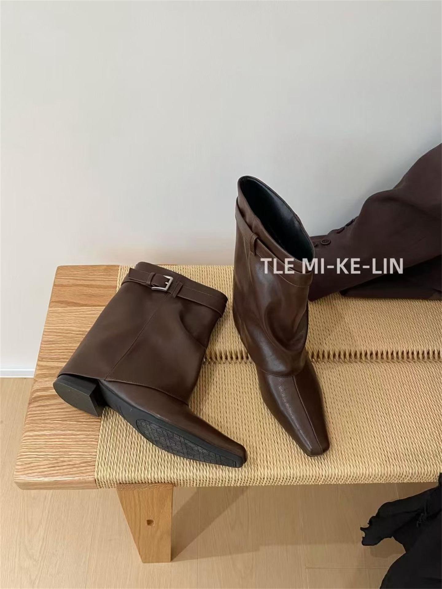 

Coarse Heel Brown Maillard Medium Boots Martin Boots Women s Boots 2025 Fall Winter Western Pile Boots Skinny Boots 39