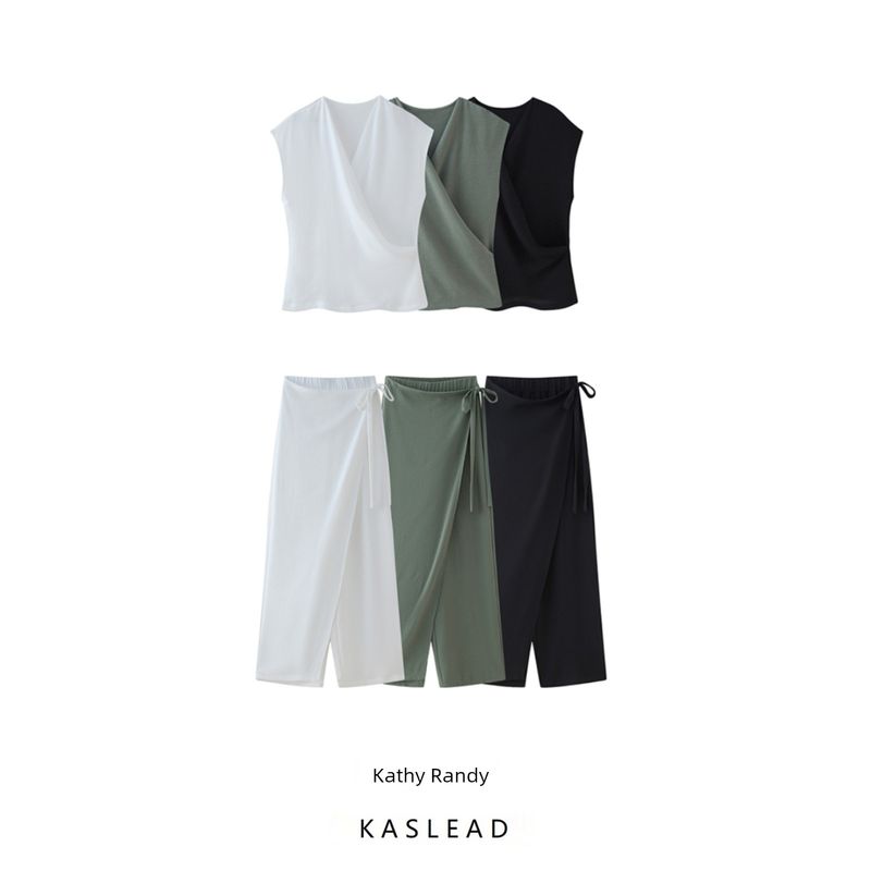 Kaslead New Women Clothes Western Style Draping Double Placket Top Casual Pants 0264170 0264169