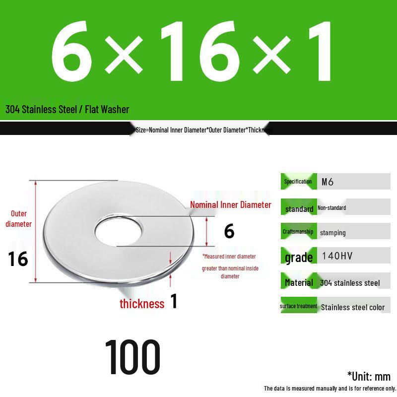 304 Stainless Steel Thickened Flat Washer Set, Sizes 2-36