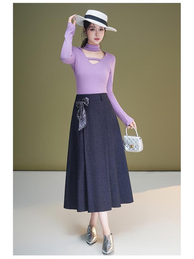 Autumn Silk Scarf Bow A-Line Pleated Skirt for Women