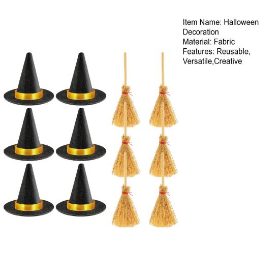 12Pcs Mini Witch Hat And Broom Crafts Halloween Party Decorations Reusable Black Hats Festive Home Party Ornaments