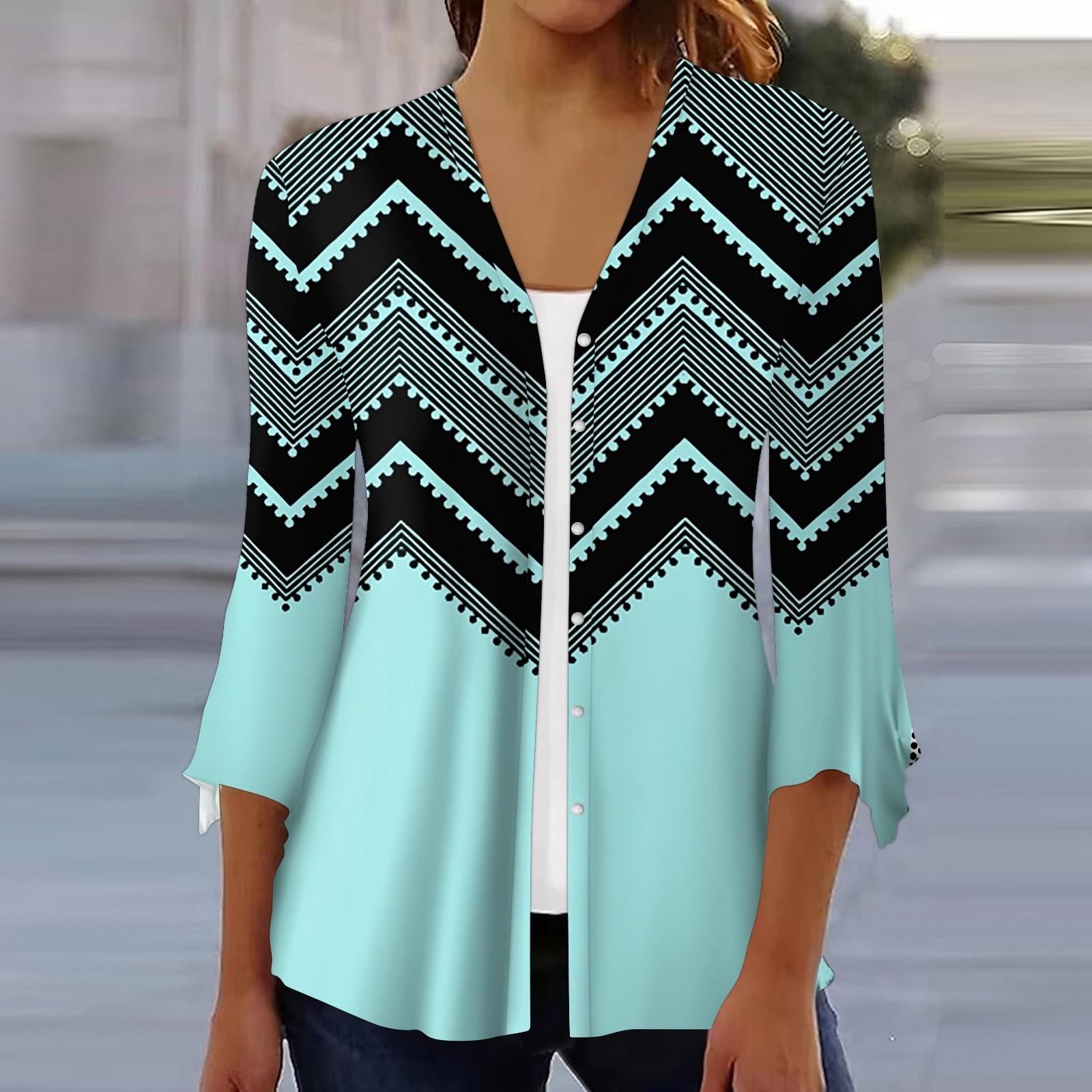 

Женская рубашка-блузка с принтом и рукавом 3/4, повседневные праздничные базовые топы на пуговицах L циан