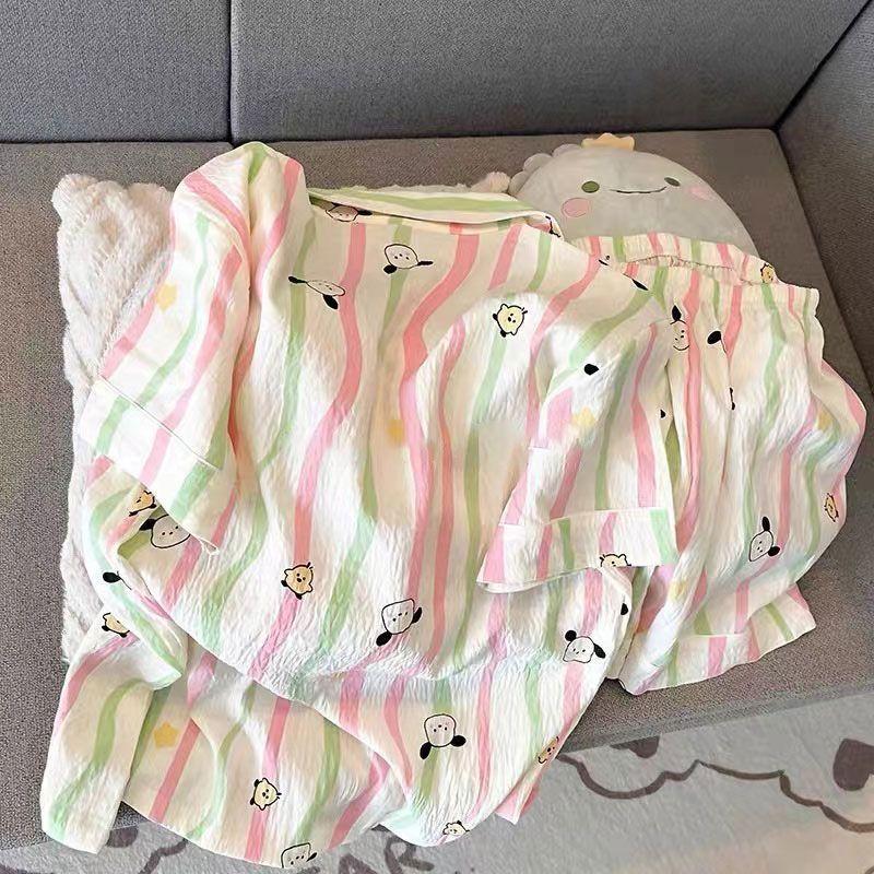 Women's Summer Cotton Pajama Set - Sweet Cardigan, Short Sleeve Top, and Shorts for Home Wear