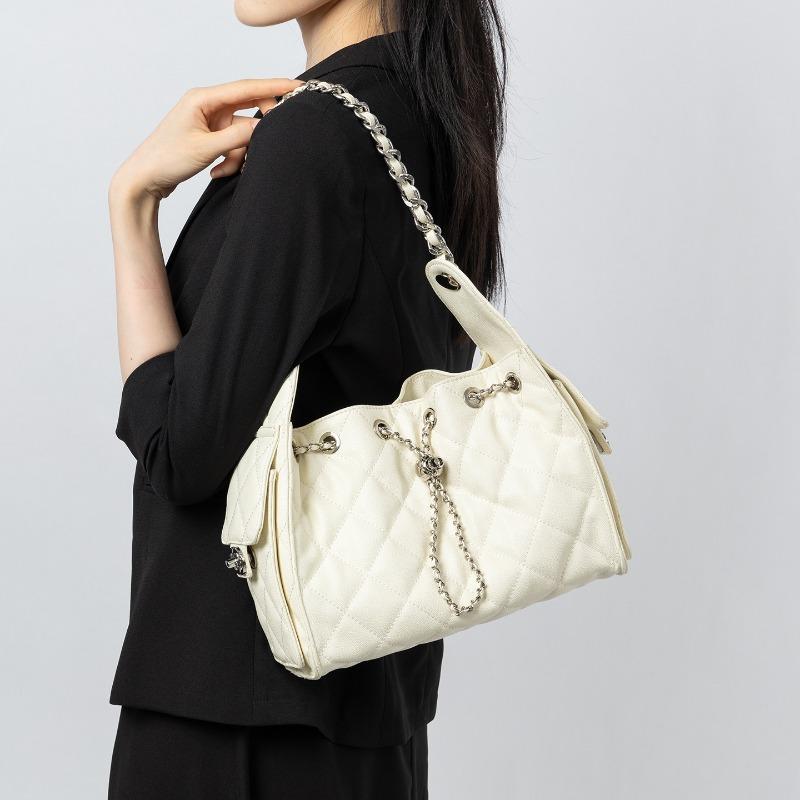 Borsa Monospalla Sottobraccio in Vera Pelle Diamante con Motivo a Rete Grande Capacità Borsa da Viaggio a Secchiello Coulisse Borsa a Tracolla con Catena per Donna
