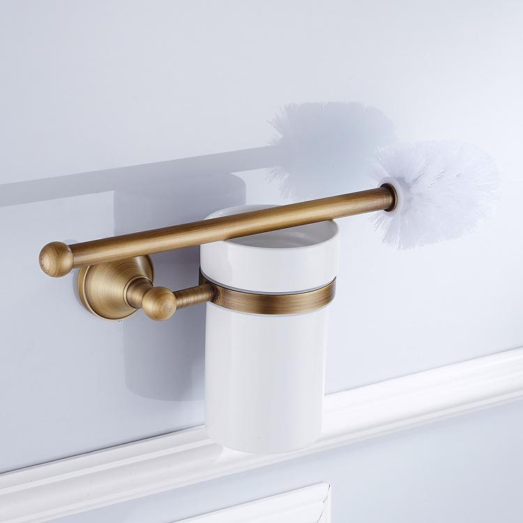 Retro Brass Toilet Brush Holder with White Ceramic Cup - European Antique Style Bathroom Hanger