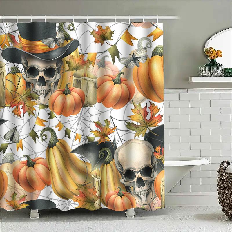 

Tuniu Spooky Skull Pumpkin Halloween Shower Curtain Gothic Skull With Falling Leaves Pattern Decorative Bathroom Curtain W60H190(CM)-1 Pcs