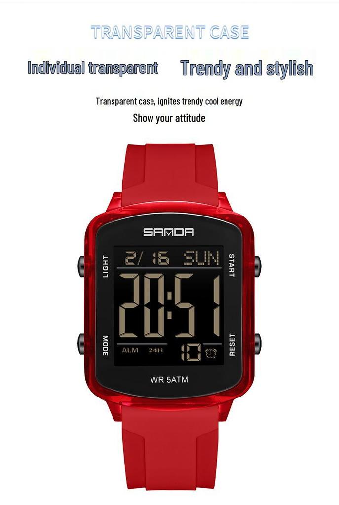 Sanda Dual Time Waterproof Transparent Sports Wristwatch with Colorful Single Display and Student Timer Function