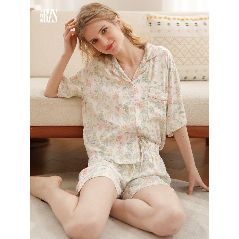 Summer Thin Floral Casual Cotton Silk Satin Home Wear Short Sleeve Shorts Two-piece Set Jardin Monet Pajamas for Women