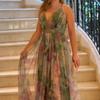 Women's Mesh Spaghetti Strap Maxi Dress Deep V Neck Backless Evening Dress Floral Printed