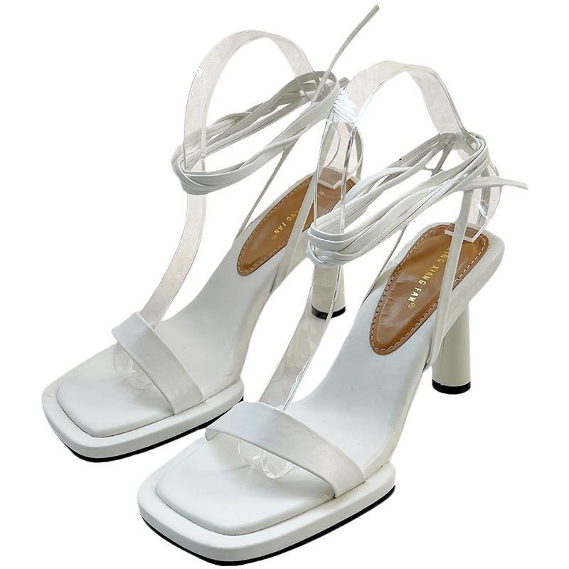 2025 Spring and Summer Fairy Wind Square Head Word with Sandals Female Internet Celebrity Strap Stiletto Cross Strap Celebrity High Heels