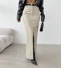 Fashionable PU Leather Solid Color Splicing Design Sense High Waist Slit Slim Fit Long Skirt