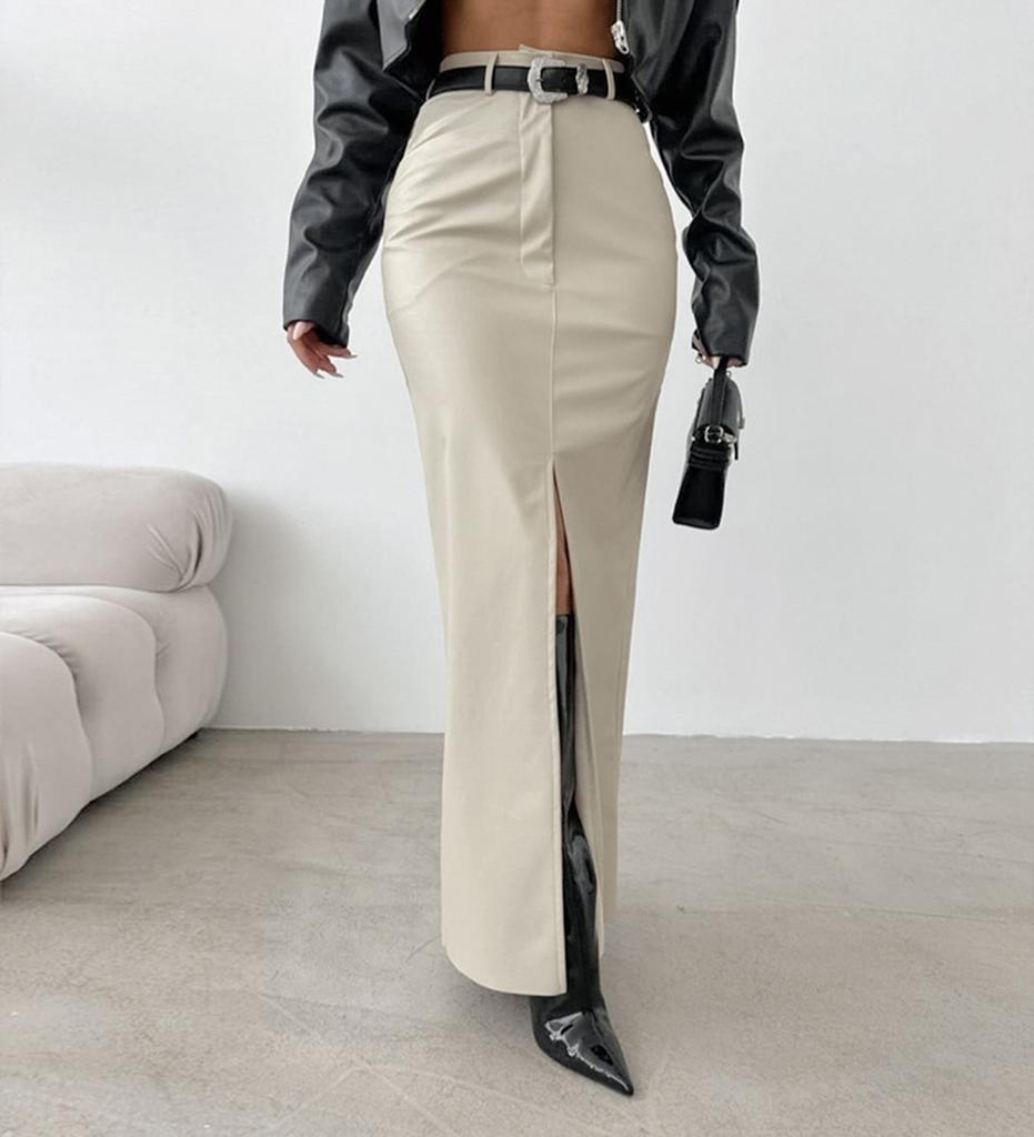 Fashionable PU Leather Solid Color Splicing Design Sense High Waist Slit Slim Fit Long Skirt