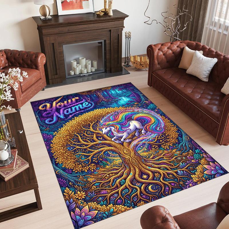 Unicorn Theme Crystal Velvet Floor Rug Personalized Custom Name Text Warm Carpet Home Decoration