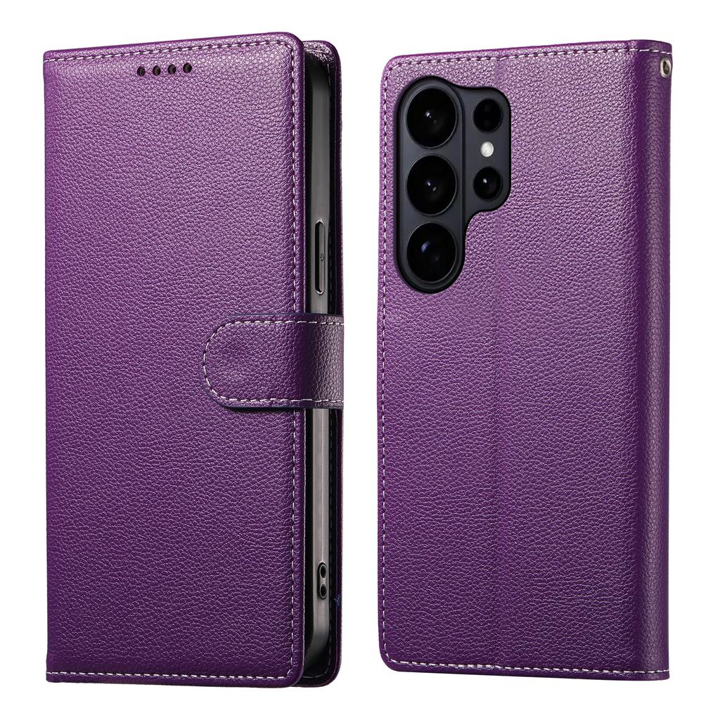 For Samsung Galaxy S26 Ultra Case Magnetic Snap Litchi Texture Leather Wallet Phone Cover with Wrist Strap