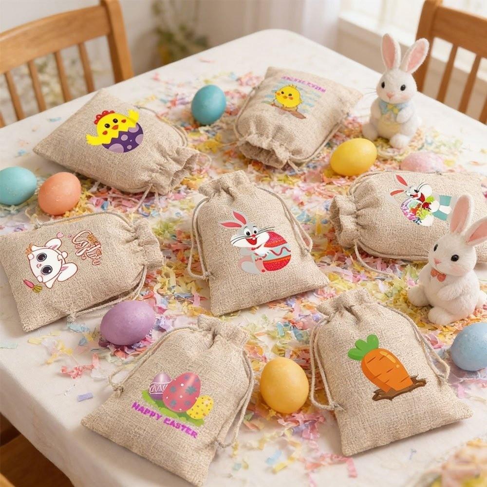 12 pieces/set Cartoon Easter Rabbit Gift Bag Vintage Reusable Rabbit Drawstring Bag Linen Easter Party Favor Holiday