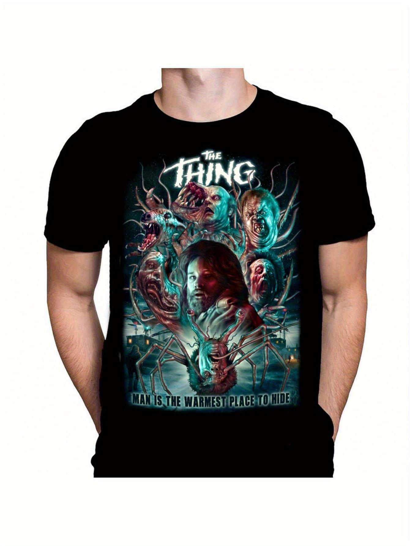 Mens Alien movie pattern Tshirt 80s retro horror movie design durable cotton roundneck Tshirt featuring aliens characters S